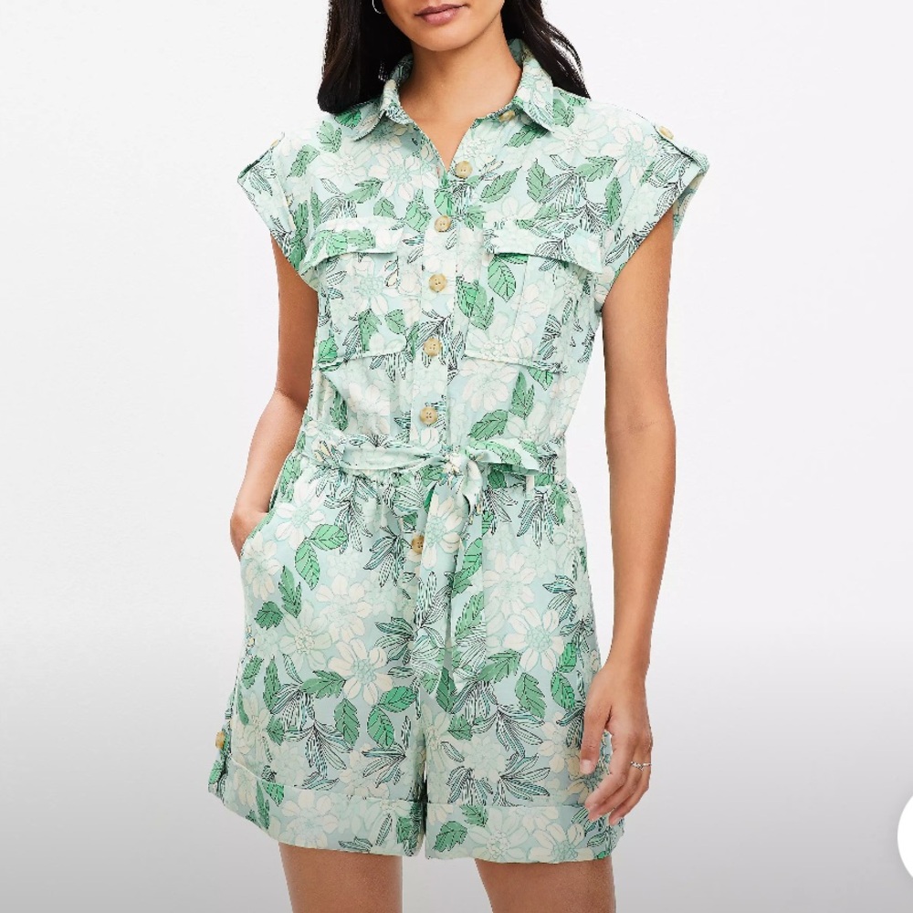 LOFT Petite Gardenia Linen Blend Tie Waist Romper